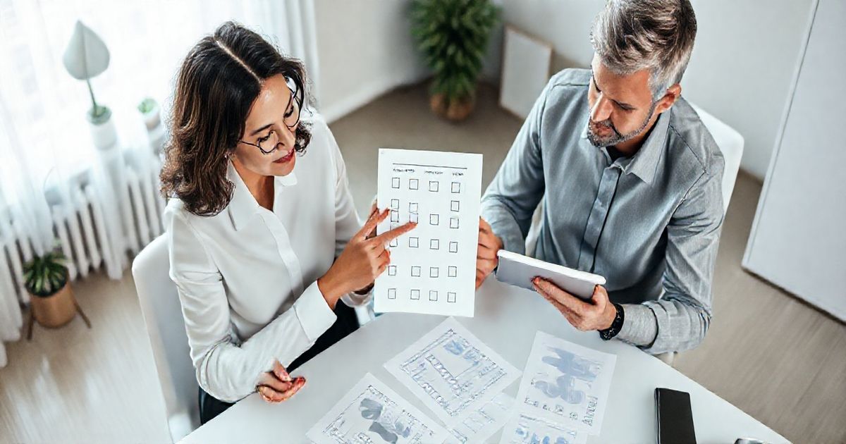 Diverse couple reviewing a checklist and financial documents with a tablet showing charts in a modern home office