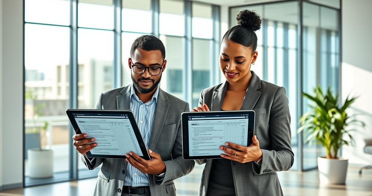 Two diverse financial professionals in office reviewing FBAR forms and discussing penalties with digital tablets