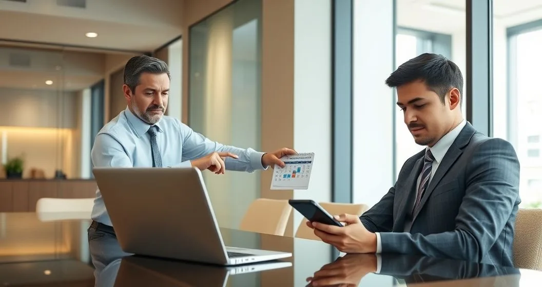 Loan officer points to laptop showing returned ACH payment and missed due date while borrower checks phone in a modern bank office
