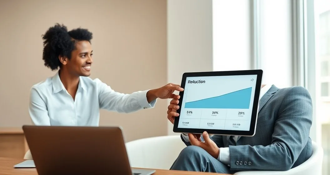 Tax advisor points to tablet showing layered graphic illustrating deductions reducing gross income to adjusted gross income