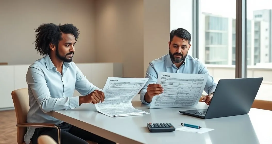 Independent contractor and tax advisor reviewing Schedule 1 Form 1040 and documents including a health insurance card and HSA card at a modern conference table