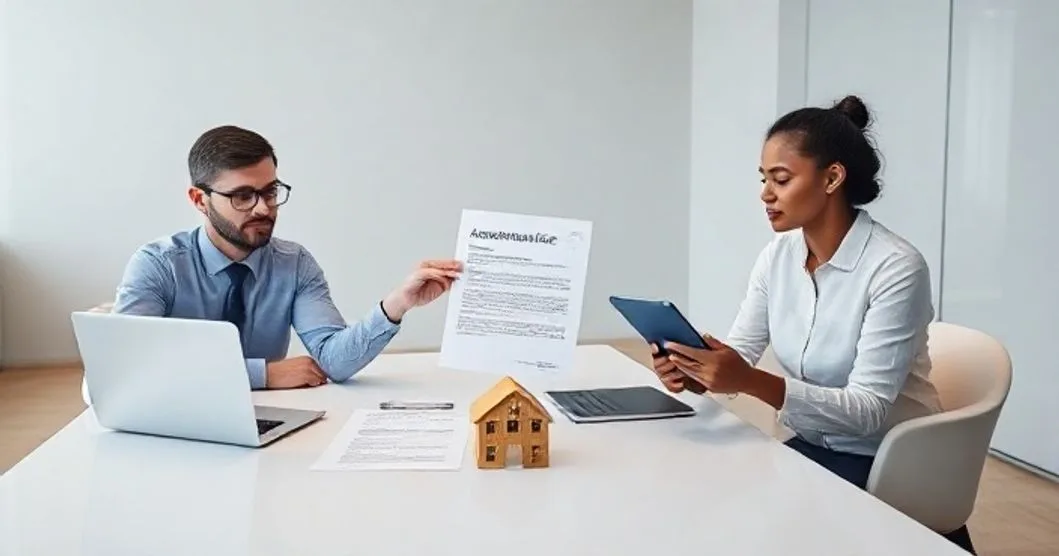 Loan officer presenting an acceleration notice to a homeowner across a conference table with contract and small house model, indicating demand for full repayment