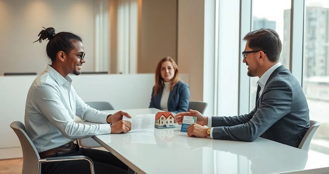 Loan officer pointing to a highlighted section on a mortgage document across from a homeowner in a modern bank meeting room
