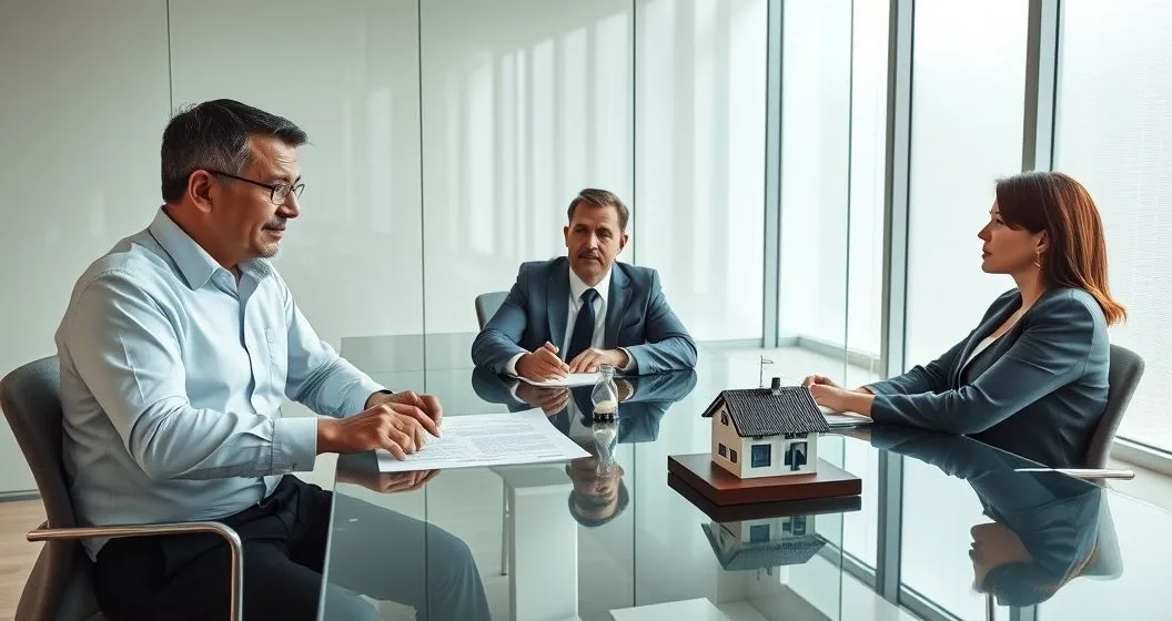 Three professionals at a conference table reviewing a loan agreement with a highlighted clause, an hourglass and a small model house on the table to symbolize acceleration and collateral.