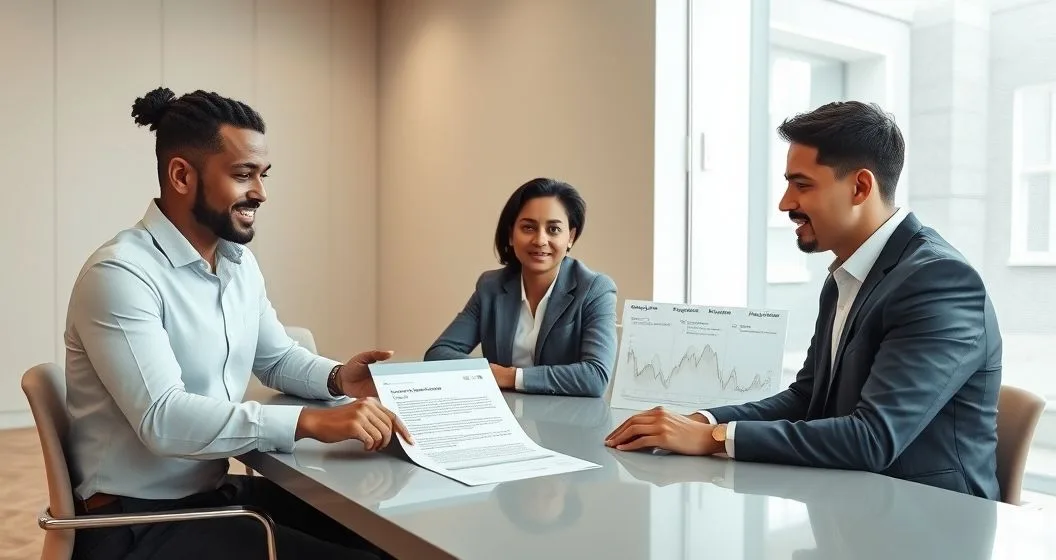 Loan officer advising two borrowers over a loan agreement and tablet with a payment timeline graphic in a modern conference room