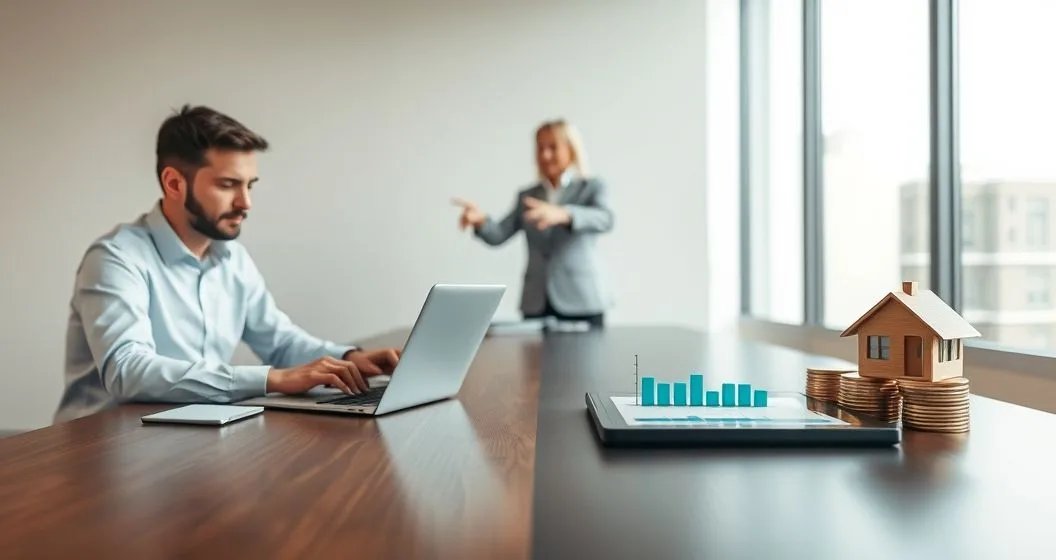 Financial advisor points to a contrast between a client working on a laptop and a neat display of passive assets including a model house and stacked coins in a minimalist conference room