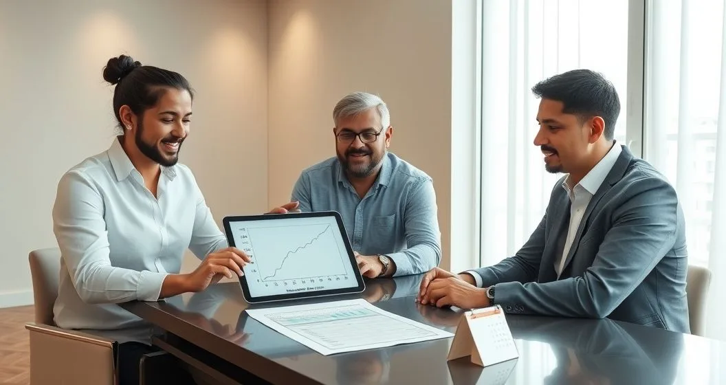 Mortgage advisor and two clients reviewing a tablet showing stepped interest rate resets and a cap line with a printed schedule and calendar on a minimalist conference table