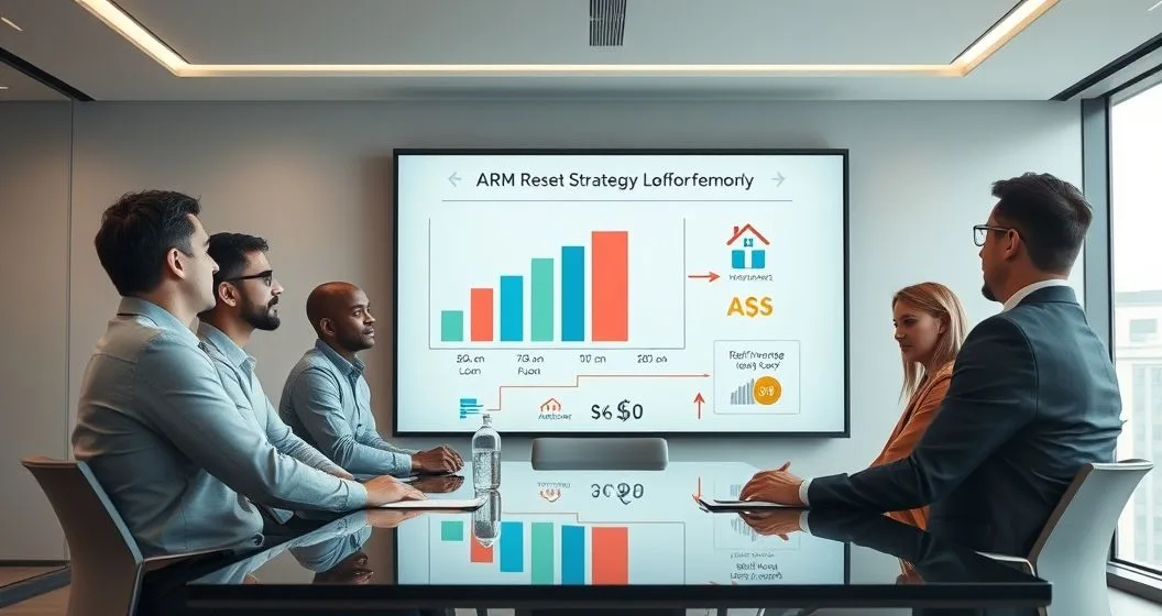 Professionals in a modern conference room study a large screen showing staggered timelines, a split house diagram, coin stacks and an arrow representing refinancing as they plan ARM reset strategies