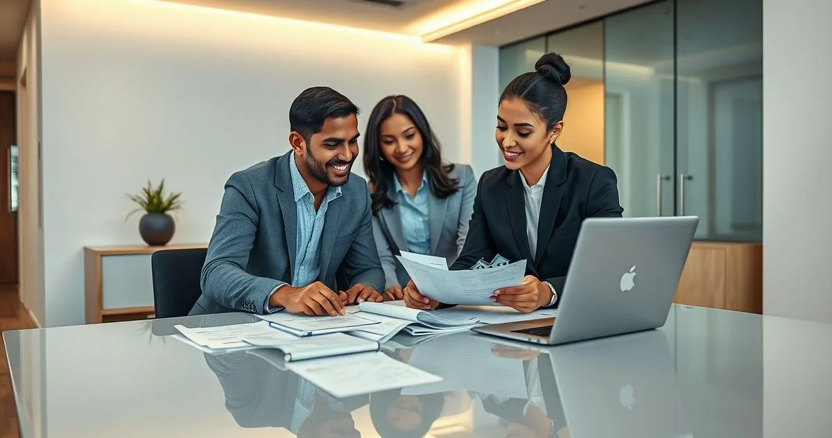 A diverse couple and a financial advisor at a minimalist office table adjusting timeline markers on a planner and changing targets on a tablet.