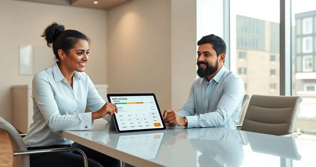 Mortgage advisor and diverse couple reviewing an affordability calculator on a tablet showing sliders and a highlighted affordability range in a modern office.