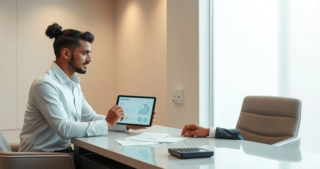 Loan officer and client reviewing a tablet with graphs and a gauge representing income credit and debt at a clean modern bank table