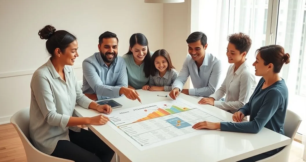 Diverse family and financial advisor around a table pointing to a visual financial roadmap and placing colored markers to set priorities
