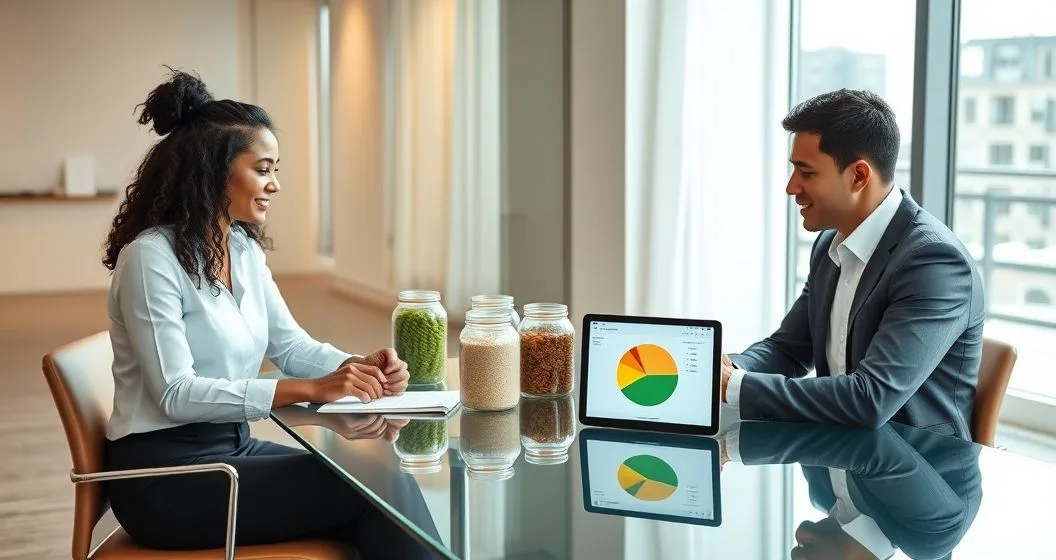 Couple and financial advisor arranging color coded jars and a tablet with a pie chart representing values based financial planning in a modern office