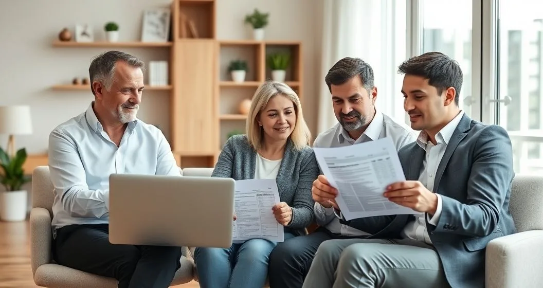 Parents and adult child meet with a tax advisor at a modern home office table reviewing a laptop and paperwork about dependents and tax credits