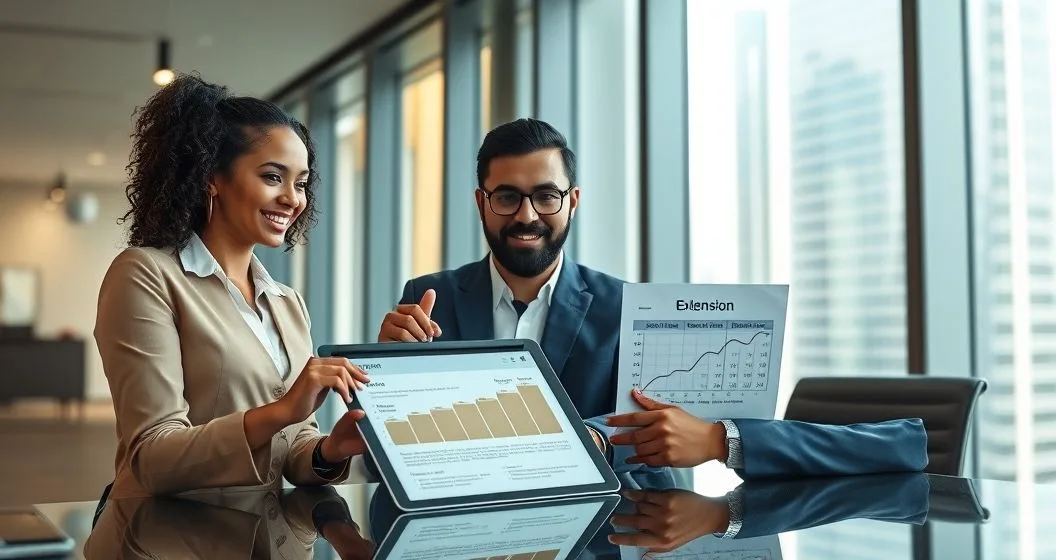 Loan officer and borrower review a tablet showing a stepped fee timeline and a printed yield curve in a glass conference room while pointing to a calendar to indicate an extension