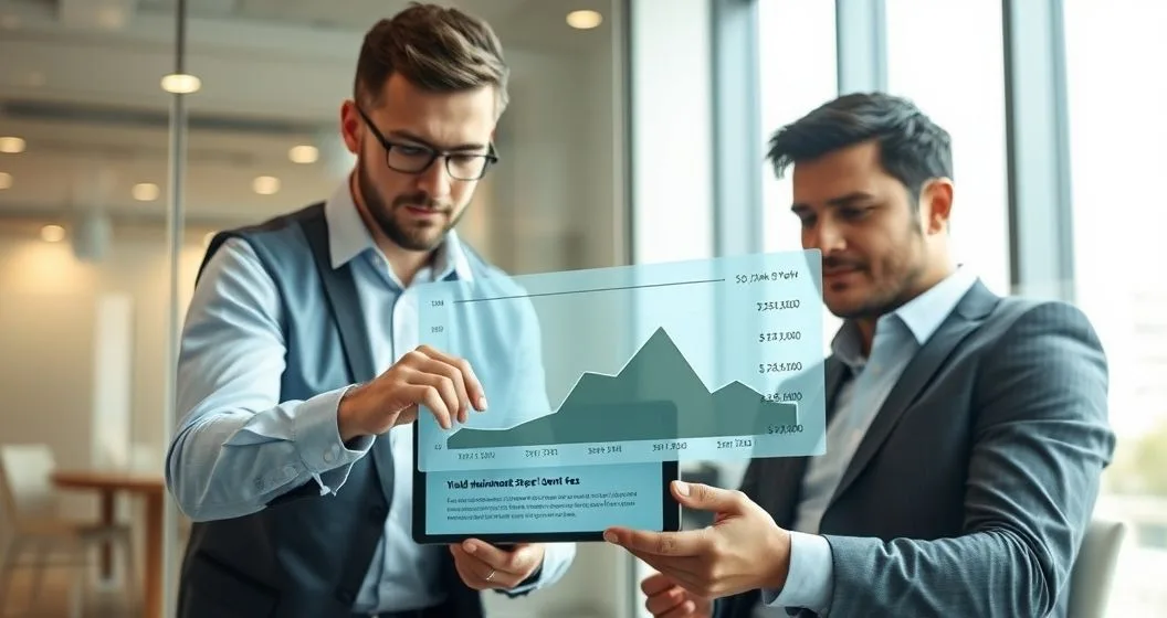 A loan officer and a borrower examine a tablet showing layered charts that visualize yield maintenance step downs and stretch fees