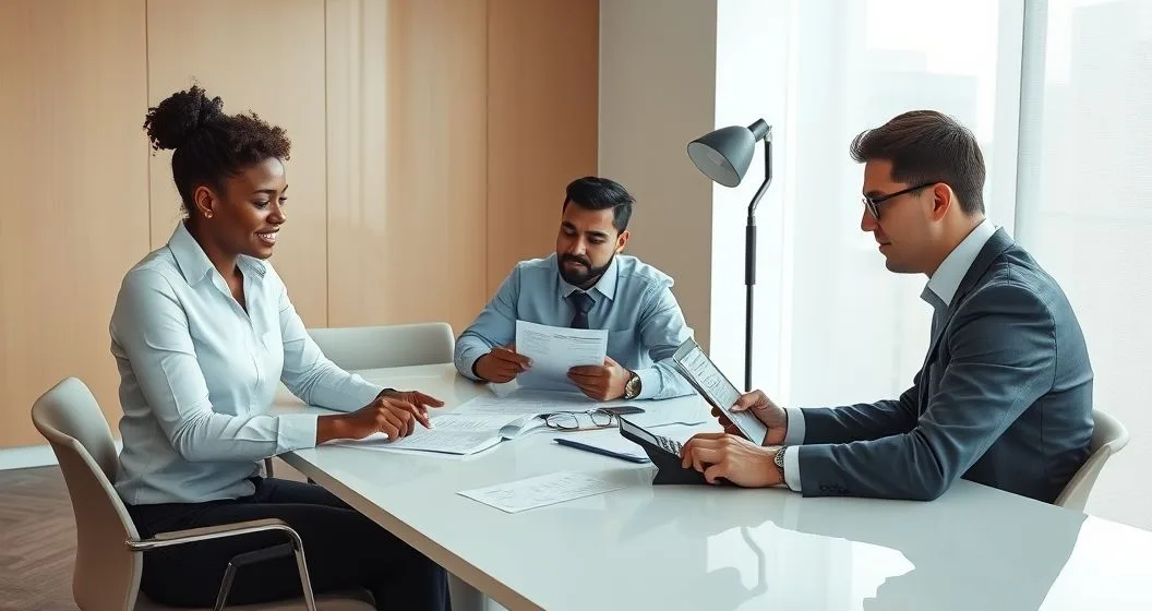 Loan officer self employed borrower and accountant review tax returns profit and loss and bank statements at a clean conference table in a modern office.