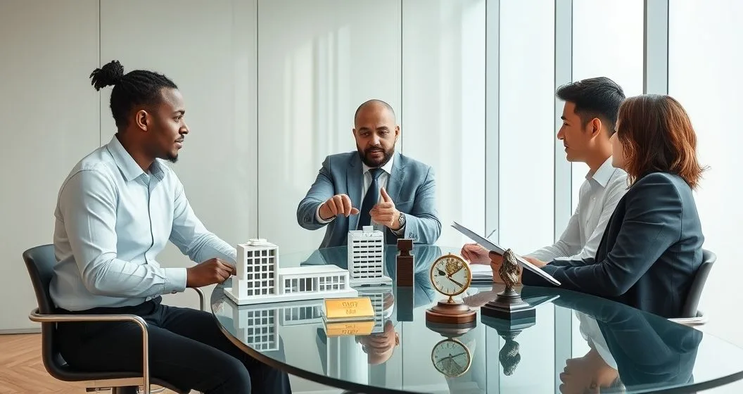 Advisor explaining alternative investments to two clients around a table with a building model gold bar vintage watch and small bronze sculpture