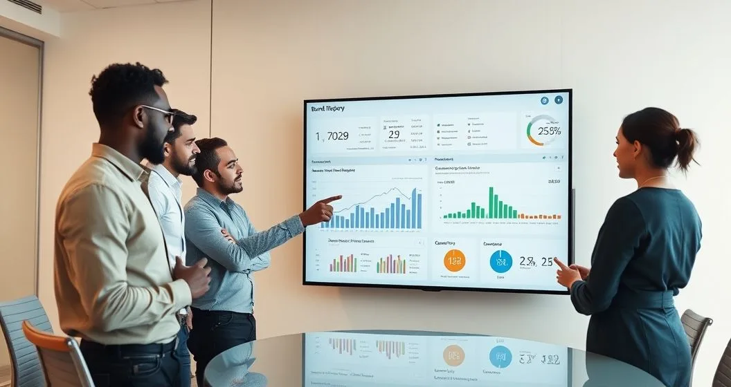 Diverse analysts review a multipane dashboard visualizing bank statements cash flow transactions recurring revenue utility and rental payments with a faded credit report outline