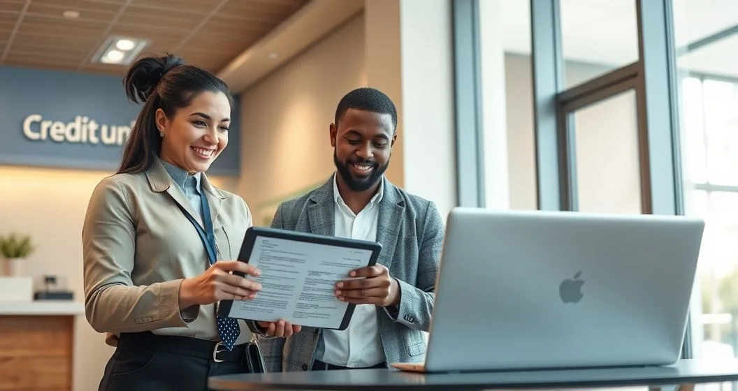 Credit union loan officer and employee reviewing a payroll advance on a tablet while HR sets up payroll deduction in a modern office.