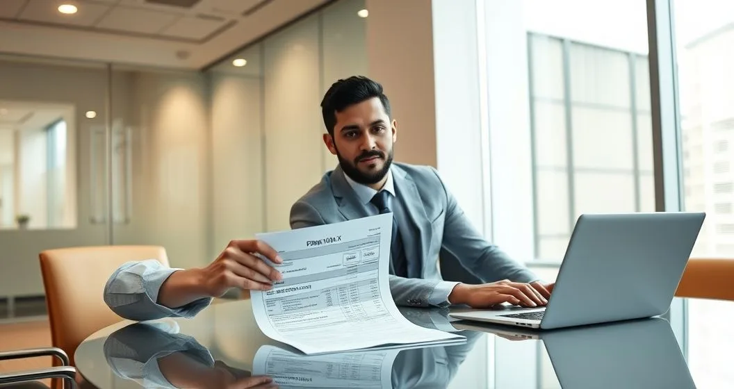 Tax advisor and client reviewing Form 1040-X and investment records to correct cost basis on a sale in a modern office