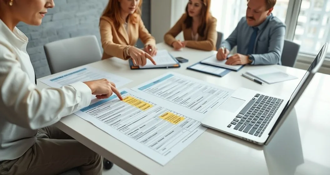 Tax professional pointing to corrections on forms labeled Form 1120 X and Form 1065 X at a conference table with business owners and a laptop spreadsheet