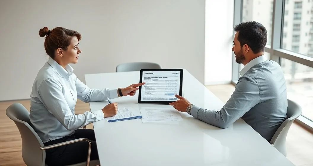 Tax advisor pointing to filing status and dependent sections on a Form 1040-X shown on a tablet while a client holds family documents in a modern office setting