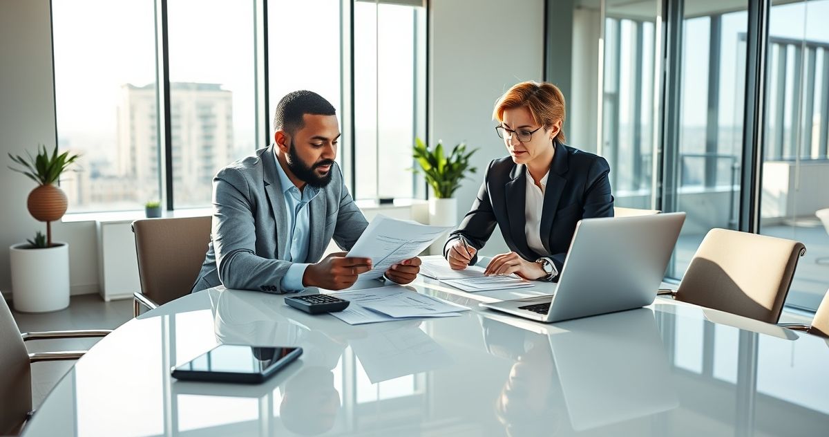 Two professionals at a modern conference table reviewing prior year tax returns and an amended return, one pointing at a printed spreadsheet while the other uses a calculator.