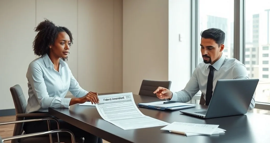 Tax advisor and client at a conference table reviewing a federal 1040X and state amendment forms with a laptop and organized documents