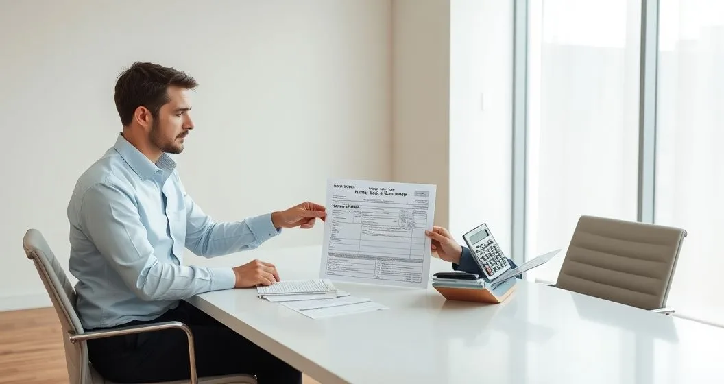 Tax professional pointing to a printed Form 1040-X on a conference table as a client holds receipts and a calculator