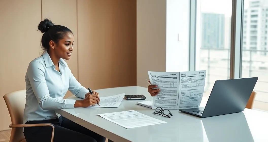 Tax advisor and client reviewing an amended Form 1040-X and international tax forms with a laptop showing currency conversions