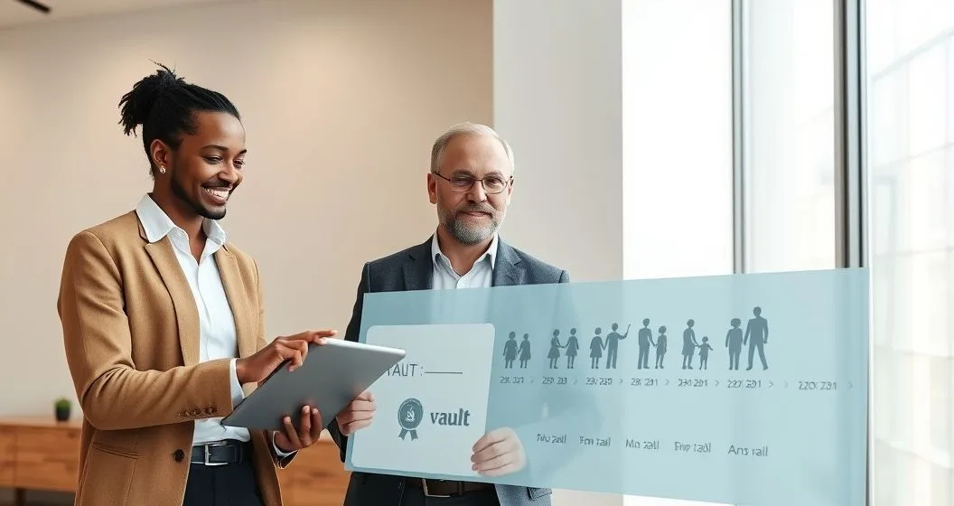 Financial advisor displays a timeline on a tablet where repeated small gift icons move from a vault to family silhouettes while two clients listen in a modern office.