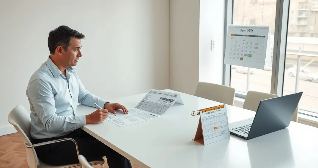 Two professionals review a printed Form 990 and schedules at a clean conference table with a laptop and calendar