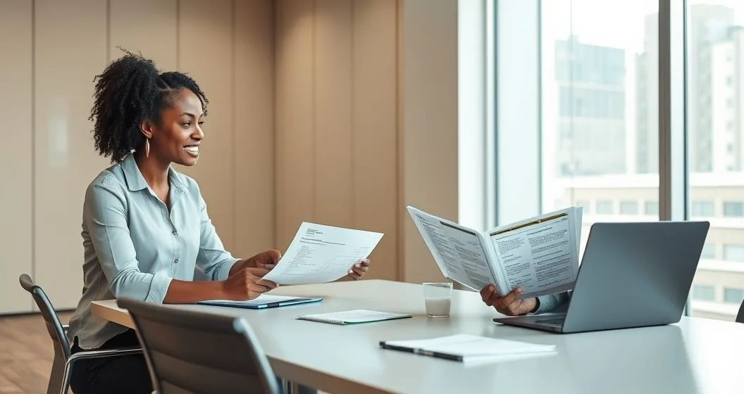 Public service employee and HR administrator reviewing an Employment Certification Form and loan payment records at a minimalist conference table in a municipal office