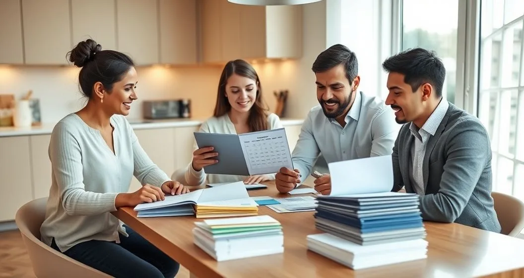 Family and financial planner sorting color coded envelopes and reviewing a year at a glance calendar on a tablet at a minimalist kitchen table