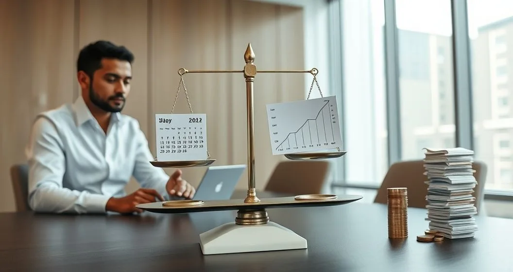 Financial advisor and client compare a balanced scale showing a calendar and line chart for annualized interest and receipts and coins for fees on a clean desk in a modern office