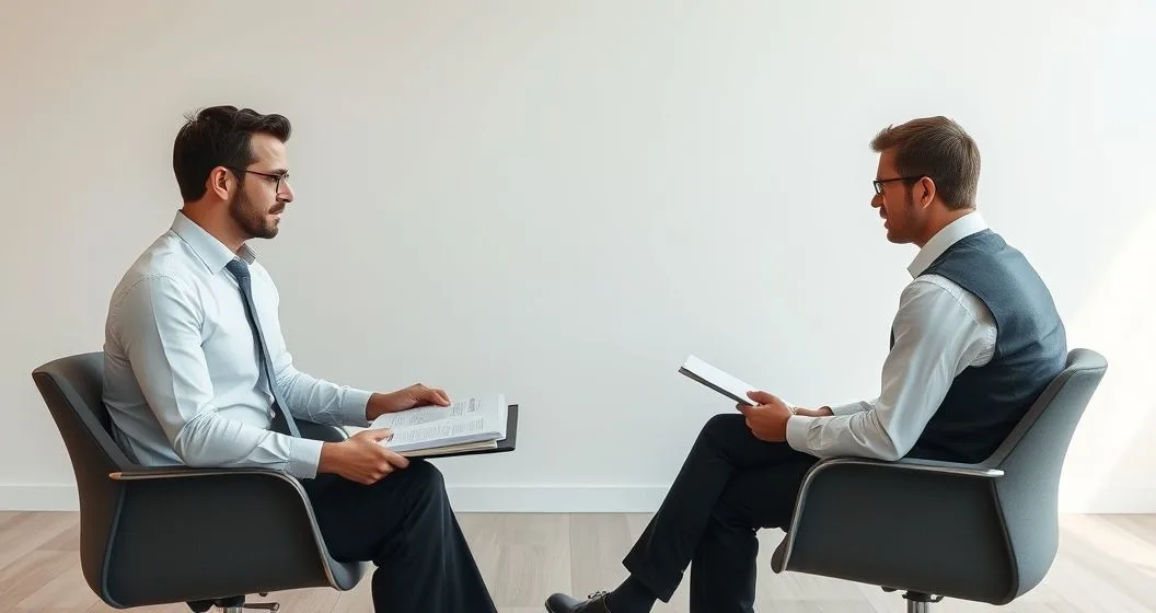 Tax professional and taxpayer meeting with an IRS appeals officer across a conference table reviewing documents