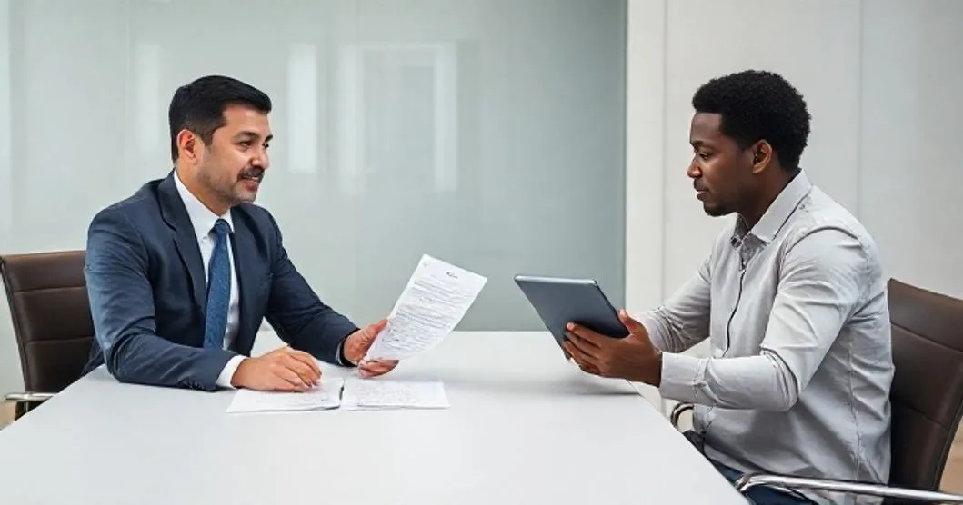 Tax attorney handing an appeal packet to an IRS appeals officer across a conference table in a professional setting