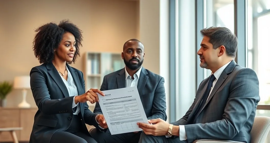Tax attorney advising a client in a modern office while pointing to a petition and a calendar indicating the filing deadline