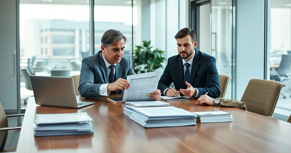 An Appeals Officer points to a document at a conference table while a taxpayer and a tax advisor review case files and a laptop in a bright corporate office