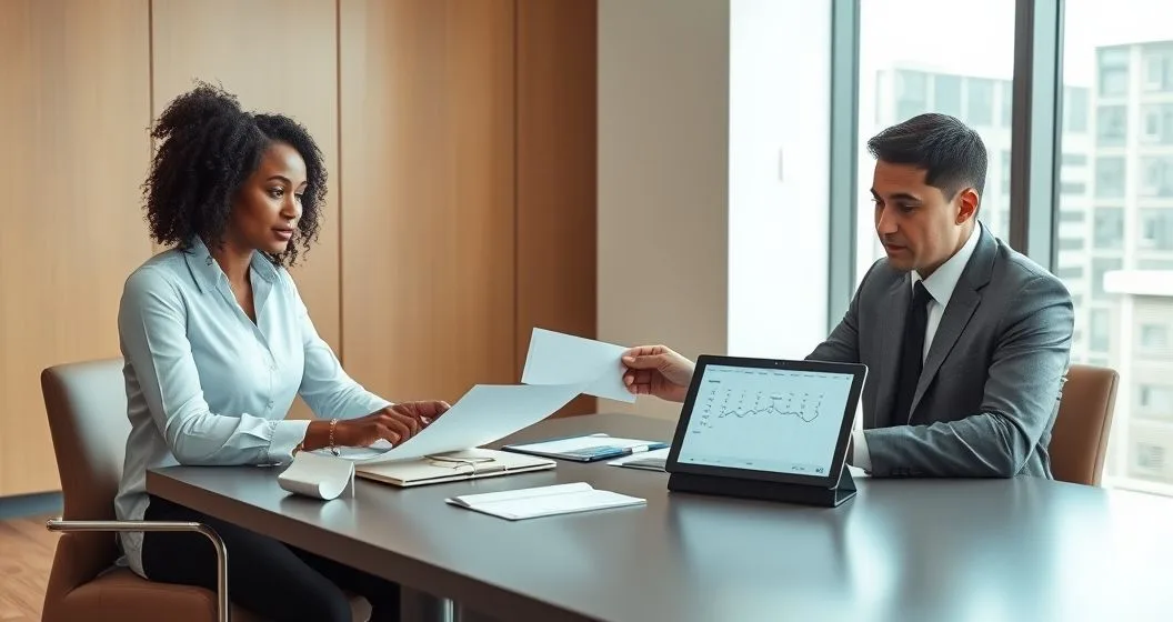 Diverse taxpayer and tax attorney reviewing official notices calendar and a tablet timeline in a modern office preparing steps before Tax Court