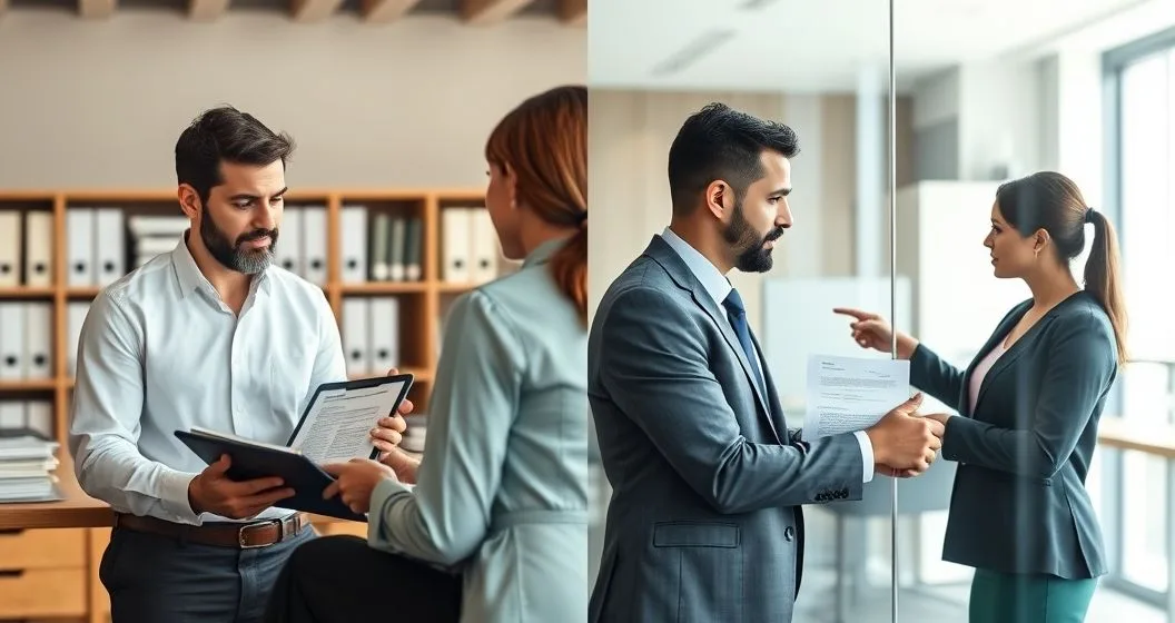 A tax advisor and a diverse client in a modern office split into two halves showing an administrative appeals review with organized files and a professional explaining a tablet on the left and a small tax court consultation with a judge visible through a glass partition on the right