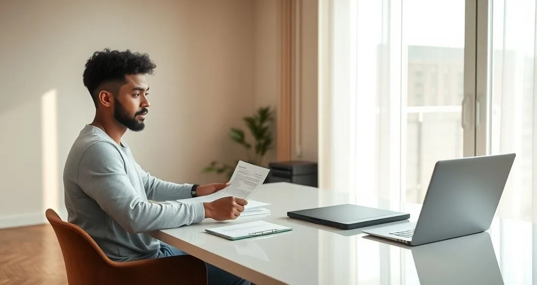 Person at a clean desk organizing income documents and uploading files on a laptop while a loan servicer advises via tablet video call