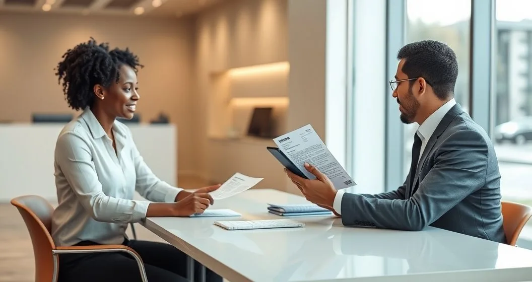 Loan officer and applicant review blurred income documents and a banking app on a smartphone in a modern office