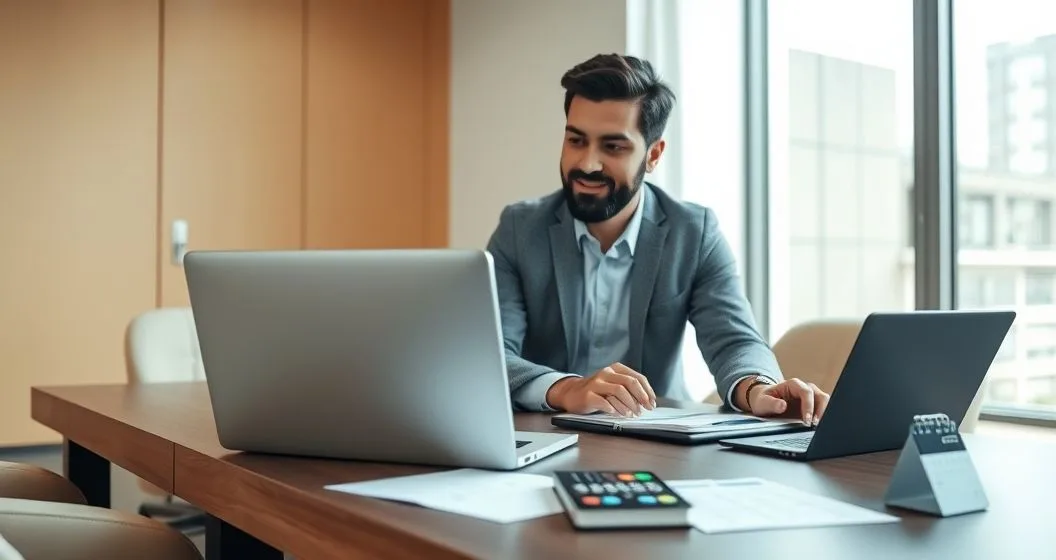 Taxpayer and tax advisor completing an online IRS payment agreement on a laptop in a modern office with a bank card and documents on the table