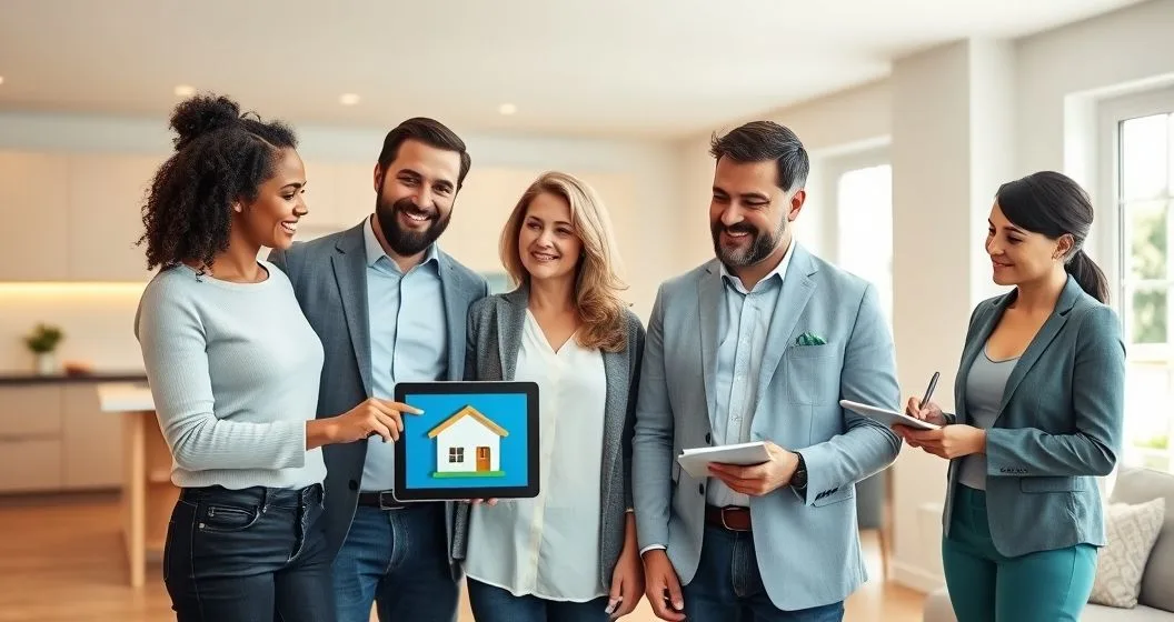 Homeowner couple and mortgage advisor reviewing a tablet showing increased home value after renovations in a modern living room