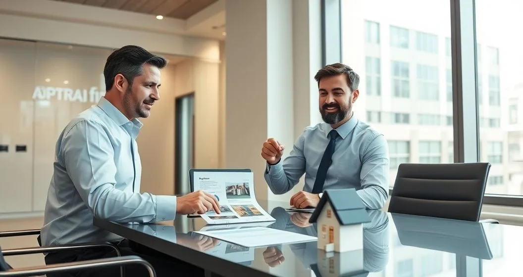 Appraiser and loan officer reviewing appraisal report and property photos with house model on table in bank conference room