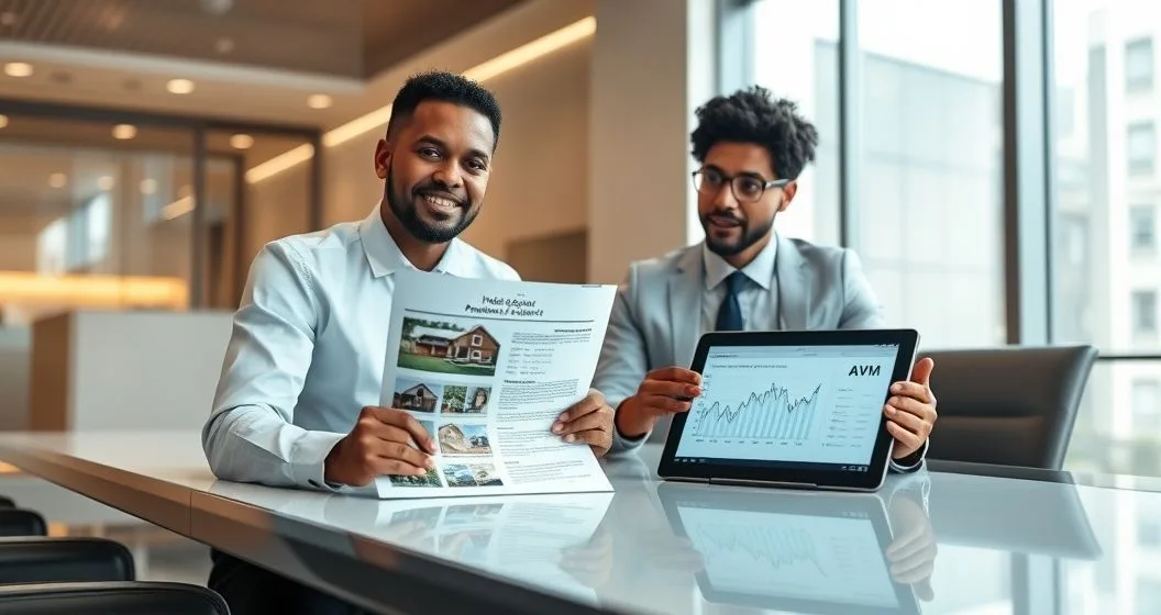 Loan officer comparing a printed appraisal with a tablet displaying an automated valuation model in a modern bank office