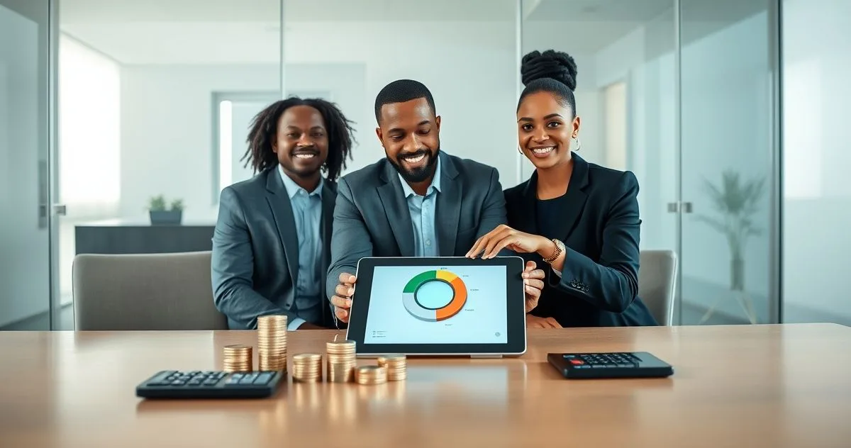 Financial advisor points to a tablet with a circular graphic while a couple reviews cash reserve models at a minimalist conference table