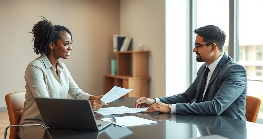 Business owner and attorney reviewing asset protection documents at a conference table in a modern law office as the owner signs papers.